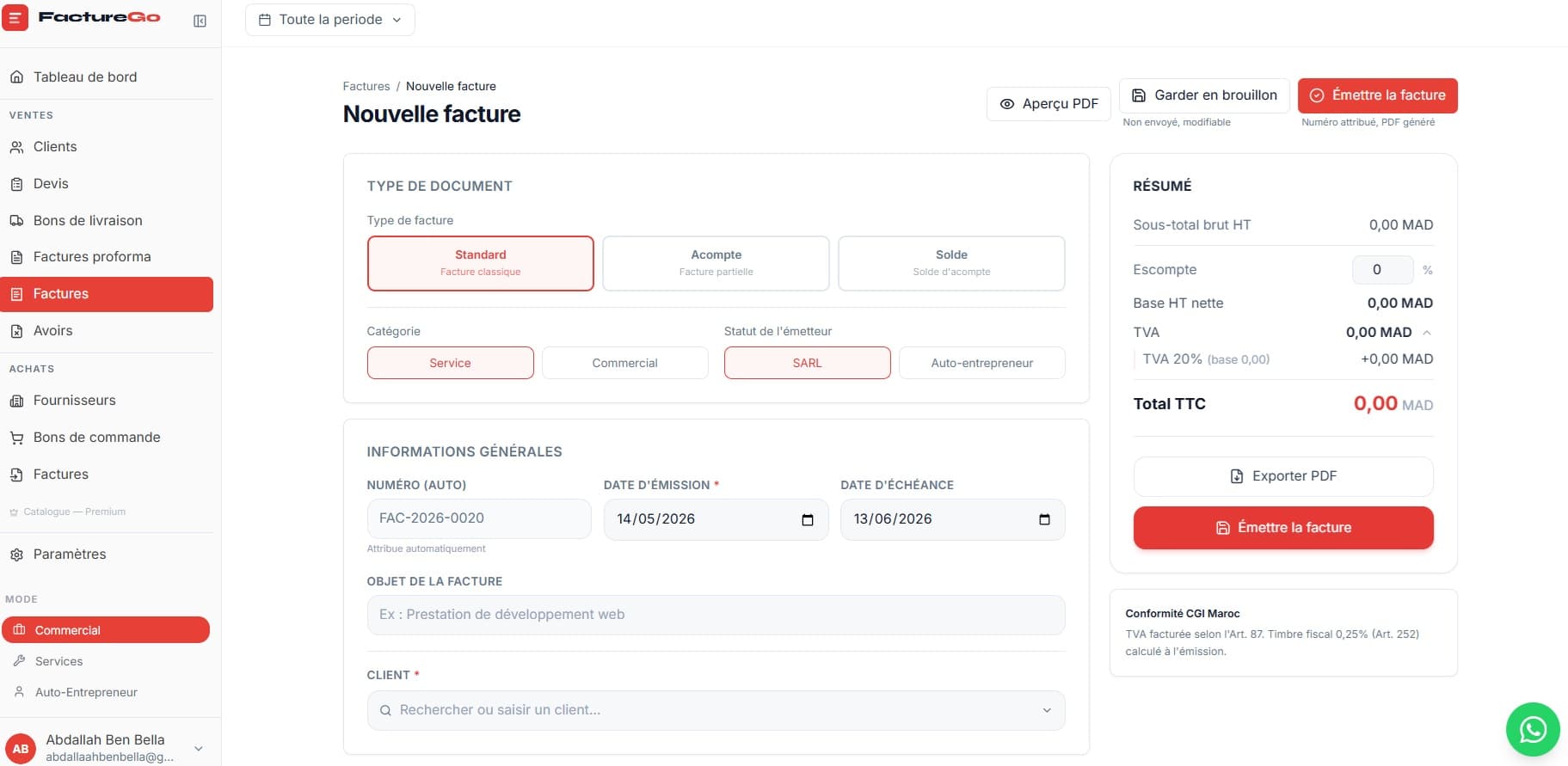 Création de facture sur FactureGo